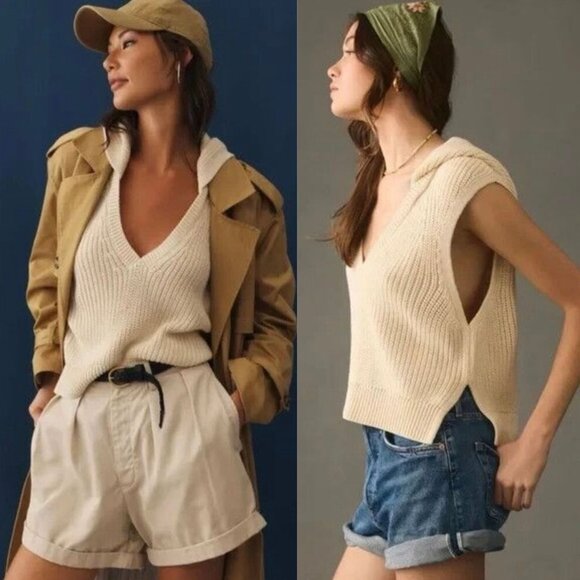Anthropologie Sweaters - Anthropologie Pilcro Knit Sleeveless Hooded V Neck Sweater Cream Size Medium